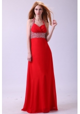 2014 Empire Halter Beading Red Chiffon Floor-length Prom Dress