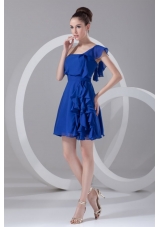 A-line One Shoulder Blue Chiffon Mini-length Ruching Prom Dress