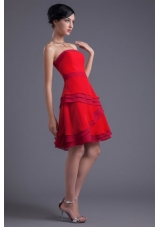 A-line Red Strapless Mini-length Chiffon Ruching Prom Dress