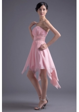 A-line Strapless High-low Pink Beading Chiffon Prom Dress