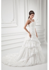 A-line Straps Appliques and Pick-ups Court Train Wedding Dress