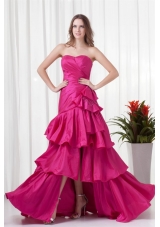 A-line Sweetheart Fuchsia High Low Ruching Bowknot Taffeta Prom Dress