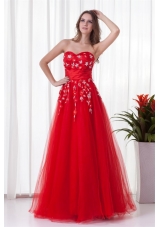 A-line Sweetheart Red Long Beading Tulle 2014 Prom Dress