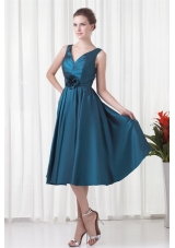 A-line V-neck Teal Taffeta Ruching Knee-length Prom Dress