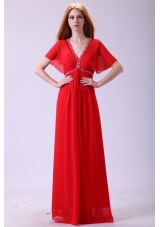 Affordable Empire V-neck Beading Chiffon Short Sleeves Prom Dress in Red