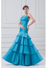 Affordable One Shoulder Taffeta Beading and Ruching Blue Prom Dress