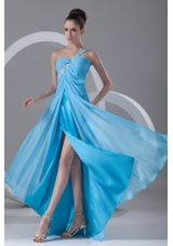 Aqua Blue Empire One Shoulder Appliques Chiffon Prom Dress with Criss Cross