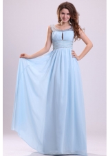 Baby Blue Empire Beading Scoop Floor-length Chiffon Prom Dress with Side Zipper