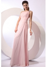 Baby Pink Empire One Shoulder Beaded Prom Dress with Ruches