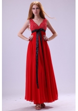 Beading Ankle-length V-neck Chiffon 2014 Prom Dress in Red