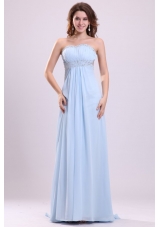 Blue Empire Strapless Brush Train Beading Chiffon Prom Dress with Backless