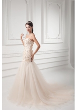 Champagne A-line Sweetheart Court Train Wedding Dress with Appliques