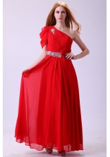 Chiffon Simple Empire One Shoulder Beading Short Sleeves Red Prom Dress