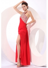 Column Red Halter Beading Chiffon Prom Dress with Criss Cross