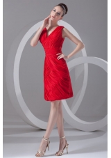 Column V-neck Mini-length Chiffon Red Ruching Prom Dress