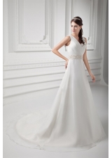 Elegant A-line V-neck Court Train Wedding Dress with Beading and Ruching