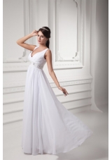 Empire V-neck Beading and Ruching Chiffon Long Wedding Dress