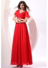 Empire V-neck Floor-length Chiffon Beading Short Sleeves Red Prom Dress