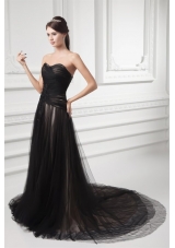 Formal Empire Sweetheart Court Train Black Tulle Ruching  Prom Dress