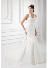 Mermaid Halter Top Appliques Ruching Satin Wedding Dress