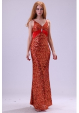 Sexy Column Straps Floor-length Red Sequins Prom Dress with Paillette