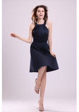 Simple Navy Blue Halter A-line Knee-length Ruching Taffeta Prom Dress