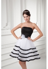 White and Black A-line Strapless Mini-length Organza Prom Dress with Ruffled Layers