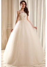 Bateau Ball Gown Beading and Appliques Wedding Dress in Floor-length