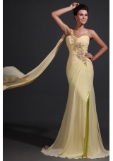 Column One Shoulder Appliques Champagne Watteau Train Prom Dress