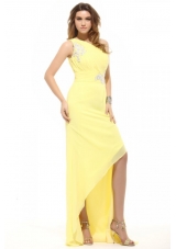 Column  One Shoulder Light Yellow Appliques Ruching Prom Dress
