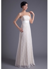 Column Strapless White Lace Belt Floor-length Wedding Dress