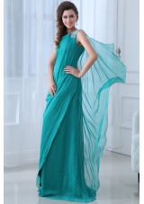 Column Turquoise One Shoulder Beading and Ruching Prom Dress
