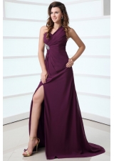 Dark Purple One Shoulder High Slit Beading and Ruching Chiffon Prom Dress
