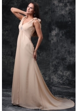 Empire Champagne V-neck Beading Ruching Court Train Chiffon Wedding Dress