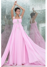 Empire Straps Rose Pink Appliques and Ruching Chiffon Prom Dress