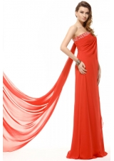 Orange Red Strapless Beading and Ruching Chiffon Prom Dress