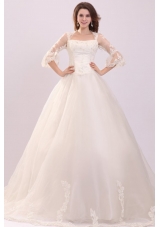 A-line Strapless Appliques Wedding Dress with 3/4 Length Sleeves