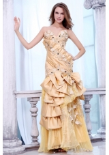 Bowknot Unique Sweetheart Gold Prom Dress with Beading and Flowers