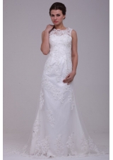 Column High Neck Appliques Lace Wedding Dress with Brush Train