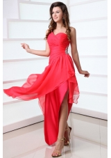 Coral Red Column Chiffon One Shoulder High-low Beading Chiffon Prom Dress