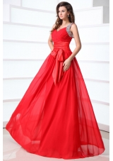 Elegant Column V-neck Red Brush Train Chiffon Prom Dress with Beading