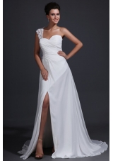 Empire Chiffon One Shoulder Appliques Wedding Dress with Train