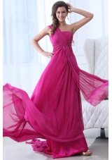 Empire Fuchsia Beading Ruching One Shoulder Prom Dress