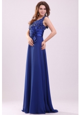 Empire V-neck Blue Blue Beading and Bowknot Chiffon Prom Dress