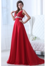 Empire V-neck Brush Train Beading Chiffon 2014 Spring Red Prom Dress