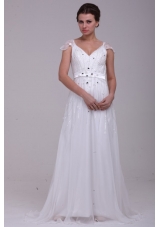 Empire V-Neck Floor-length Zipper Up Wedding Dress with Beading