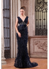 Luxurious Mermaid V-neck Navy Blue Beading Brush Train Prom Dress