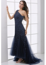 Mermaid One Shoulder Navy Blue Beading Tulle  Prom Dress