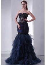 Navy Blue Mermaid Sweetheart Prom Dress with Appliques and Beading