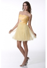 A-line Light Yellow Strapless Prom Dress with Ruching Mini-length